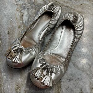 Tory Burch Silver Reva Tassel Ballet Flats Women’s